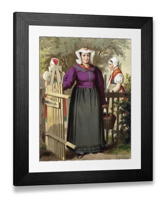 Framed Print : Traditional costumes in Germany around 1820, Province of Silesia, Tannhausen, A woman in traditional traditional costume with a fruit basket stands next to a wooden gate in a village, digitally retouched reproduction of a model from around 1850