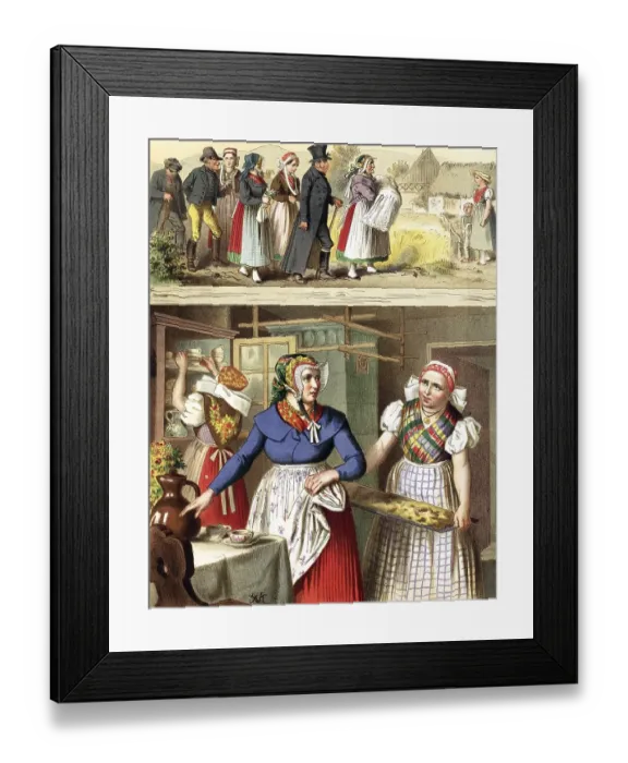 Framed Print : Traditional costumes in Germany around 1820, Province of Silesia, Buchwald, Fischbach, A woman at work in the kitchen while a group of people walk outside, digitally retouched reproduction of a model from around 1850 Framed Print : Traditional costumes in Germany around 1820, Province of Silesia, Buchwald, Fischbach, A woman at work in the kitchen while a group of people walk outside, digitally retouched reproduction of a model from around 1850
