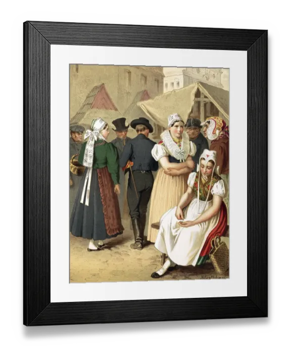 Framed Print : Traditional costumes in Germany around 1820, Province of Silesia, Tannhausen, group of villagers in traditional traditional costume meeting and chatting at a market, digitally retouched reproduction of a model from around 1850 Framed Print : Traditional costumes in Germany around 1820, Province of Silesia, Tannhausen, group of villagers in traditional traditional costume meeting and chatting at a market, digitally retouched reproduction of a model from around 1850