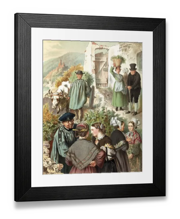 Framed Print : Traditional costumes in Germany around 1820, Province of Prussia, on the Moselle, people in traditional costumes working and interacting with an ox in a picturesque rural setting, digitally retouched reproduction of a model from around 1850 Framed Print : Traditional costumes in Germany around 1820, Province of Prussia, on the Moselle, people in traditional costumes working and interacting with an ox in a picturesque rural setting, digitally retouched reproduction of a model from around 1850