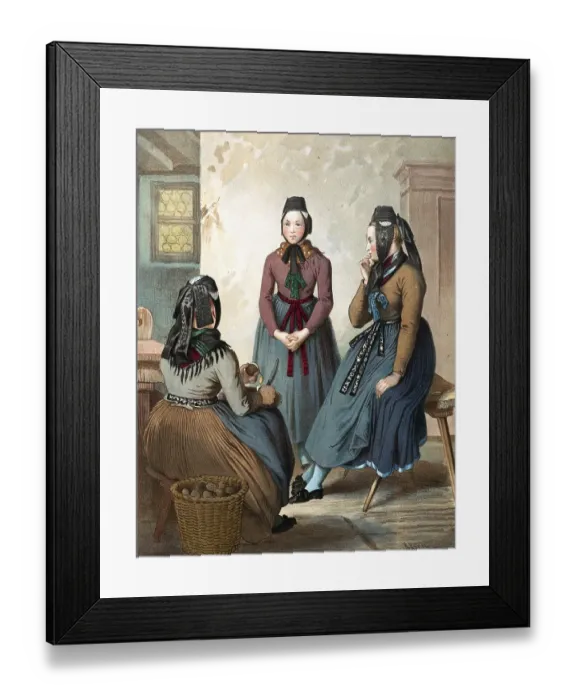 Framed Print : Traditional costumes in Germany around 1820, Rhine Province Prussia, Wetzlar, Three woman in traditional dress sitting in an interior and engrossed in conversation, digitally retouched reproduction of a model from around 1850 Framed Print : Traditional costumes in Germany around 1820, Rhine Province Prussia, Wetzlar, Three woman in traditional dress sitting in an interior and engrossed in conversation, digitally retouched reproduction of a model from around 1850