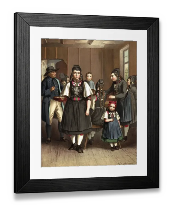 Framed Print : Traditional costumes in Germany around 1820, Grand Duchy of Hesse, Biedenkopf, group of people in traditional Bavarian traditional costume in an interior, digitally retouched reproduction of a model from around 1850
