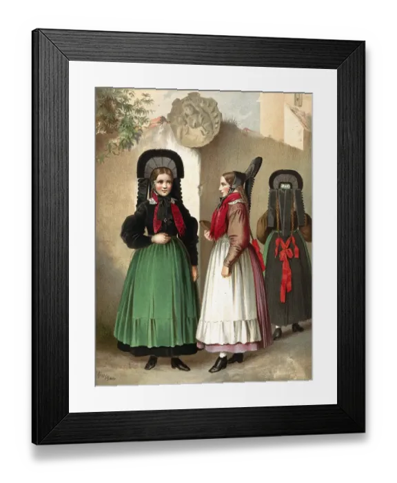 Framed Print : Traditional costumes in Germany around 1820, Province of Wuerttemberg, around Rottweil, Three woman in traditional traditional costume in front of a stone wall with elaborate headdresses, digitally retouched reproduction of a model from around 1850
