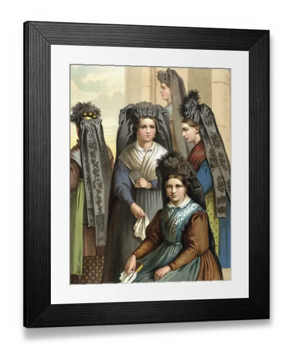Framed Print : Traditional costumes in Germany around 1820, Thuringia, group of woman in traditional traditional costume with elaborate headdresses, digitally retouched reproduction of a model from around 1850, by Albert Kretschmer (27 February 1825) Framed Print : Traditional costumes in Germany around 1820, Thuringia, group of woman in traditional traditional costume with elaborate headdresses, digitally retouched reproduction of a model from around 1850, by Albert Kretschmer (27 February 1825)