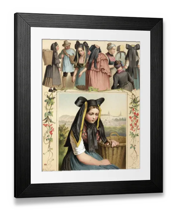 Framed Print : Traditional costumes in Germany around 1820, Province of Thuringia, woman at a farmers market in traditional traditional costume in a village, digitally retouched reproduction of a model from around 1850, by Albert Kretschmer (27 February 1825)