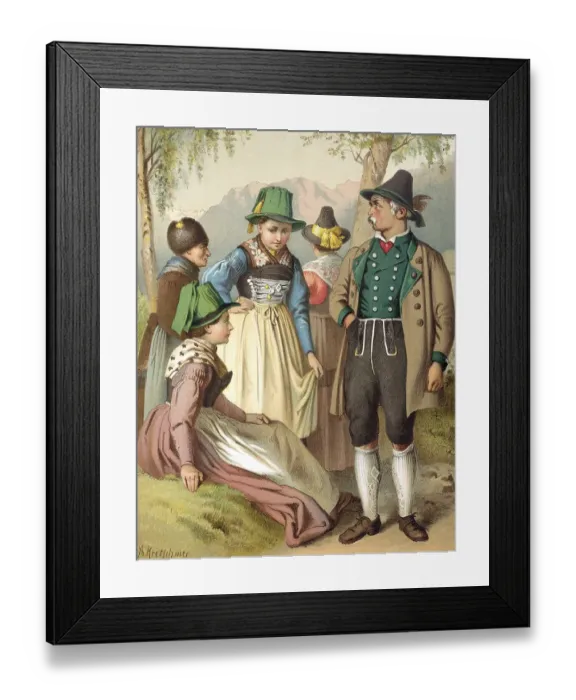 Framed Print : Traditional costumes in Germany around 1820, Bavaria, Jachenau, A group in traditional costumes relaxes in a mountain landscape, digitally retouched reproduction of a model from around 1850, by Albert Kretschmer (27 February 1825, 11 July 1891)