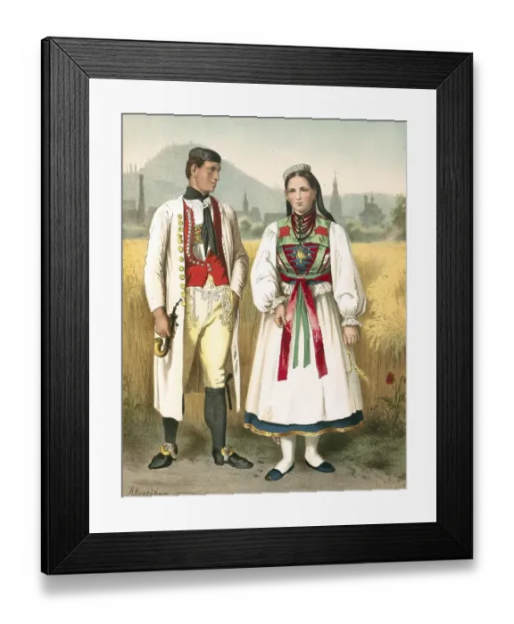 Framed Print : Traditional costumes in Germany around 1820, Wuerttemberg, Betzingen, couple in traditional traditional costume standing in a wheat field, in the background a picturesque landscape, digitally retouched reproduction of a model from around 1850