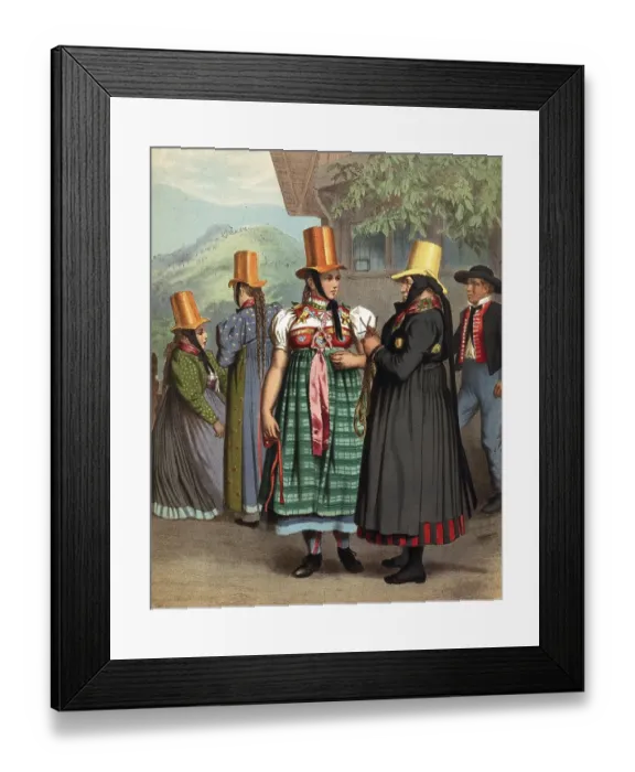 Framed Print : Traditional costumes in Germany around 1820, Baden, Prechtal, group of woman and a man in traditional traditional costume with eye-catching gold hats, digitally retouched reproduction of a model from around 1850