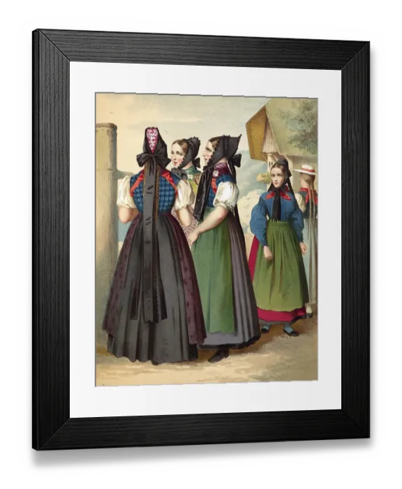 Framed Print : Traditional costumes in Germany around 1820, Baden, Simonswald, Waldkirch, Donaueschingen, woman in traditional traditional costume with headscarves in front of a village building, digitally retouched reproduction of a model from around 1850 Framed Print : Traditional costumes in Germany around 1820, Baden, Simonswald, Waldkirch, Donaueschingen, woman in traditional traditional costume with headscarves in front of a village building, digitally retouched reproduction of a model from around 1850