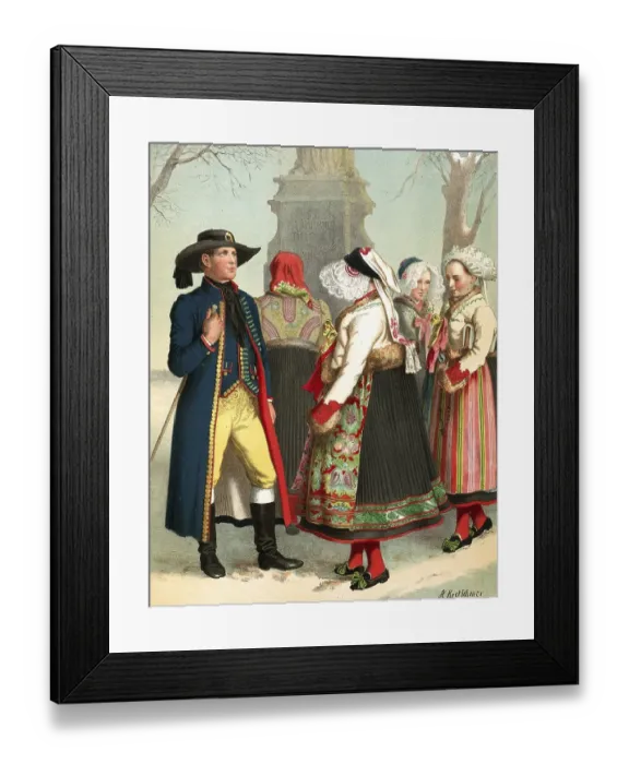 Framed Print : Traditional costumes in Germany around 1820, Bohemia, Pilsen district, people in traditional traditional costume during a winter conversation in front of a statue, digitally retouched reproduction of a model from around 1850