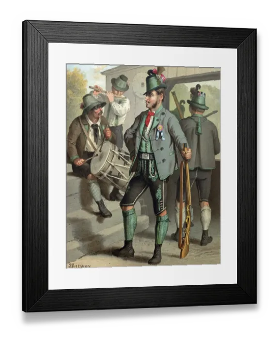 Framed Print : Traditional costumes in Germany around 1820, Austria, Styria, men in traditional traditional costume playing music and holding a rifle, in a traditional setting, digitally retouched reproduction of a model from ca Framed Print : Traditional costumes in Germany around 1820, Austria, Styria, men in traditional traditional costume playing music and holding a rifle, in a traditional setting, digitally retouched reproduction of a model from ca