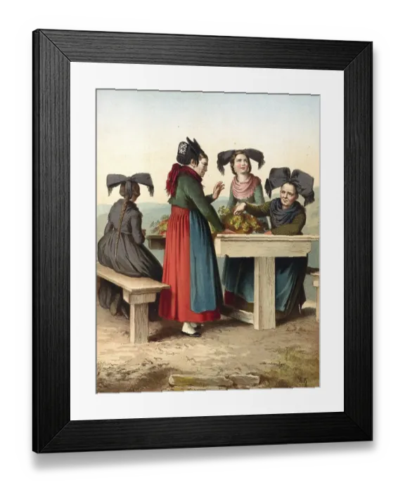 Framed Print : Traditional costumes in Germany around 1820, Baden, Stauffen and Muellheim, Four woman in traditional traditional costume standing around a table and tying bouquets of flowers, digitally retouched reproduction of a model from around 1850