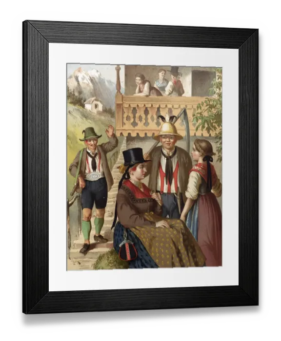 Framed Print : Traditional costumes in Germany around 1820, Austria, Pinzgau, men and woman in traditional traditional costume in front of a mountain backdrop, in conversation, digitally retouched reproduction of a model from around 1850