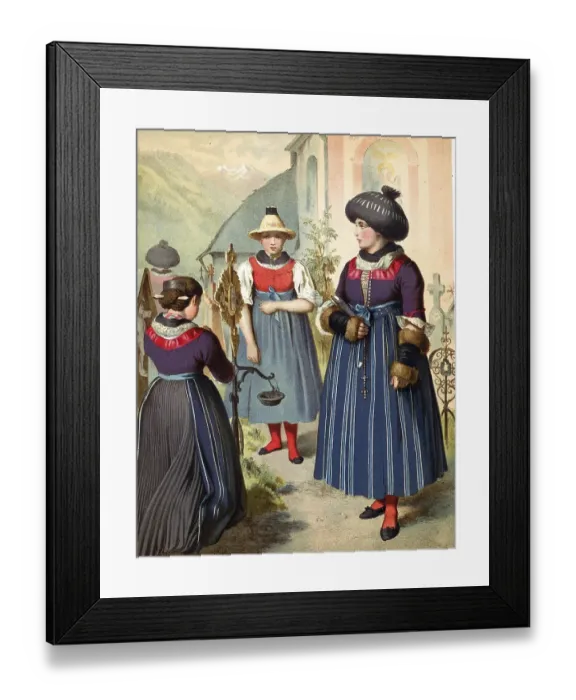 Framed Print : Traditional costumes in Germany around 1820, Tyrol, Passeier Valley, Three woman in traditional costumes in front of a church in a rural setting, digitally retouched reproduction of a model from around 1850, by Albert Kretschmer (27 February 1825) Framed Print : Traditional costumes in Germany around 1820, Tyrol, Passeier Valley, Three woman in traditional costumes in front of a church in a rural setting, digitally retouched reproduction of a model from around 1850, by Albert Kretschmer (27 February 1825)