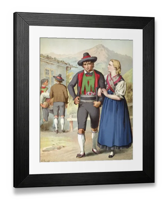 Framed Print : Traditional costumes in Germany around 1820, Tyrol, Merano, A couple in Tyrolean costumes strolls through a rural scene, digitally retouched reproduction of a model from around 1850, by Albert Kretschmer (27 February 1825, 11 July 1891)