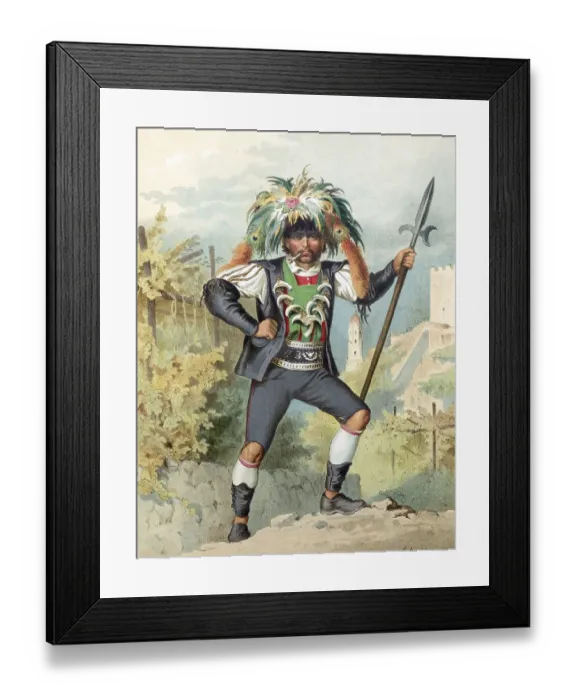 Framed Print : Traditional costumes in Germany around 1820, Tyrol, wine keeper in Merano, man in colourful traditional costume with headgear and spear in front of a castle ruin, digitally retouched reproduction of a model from around 1850