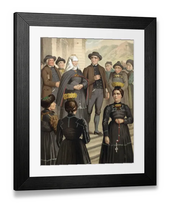 Framed Print : Traditional costumes in Germany around 1820, Vorarlberg, Bregenzerwald, people in traditional costumes at a religious ceremony in front of a church, digitally retouched reproduction of a model from around 1850 Framed Print : Traditional costumes in Germany around 1820, Vorarlberg, Bregenzerwald, people in traditional costumes at a religious ceremony in front of a church, digitally retouched reproduction of a model from around 1850
