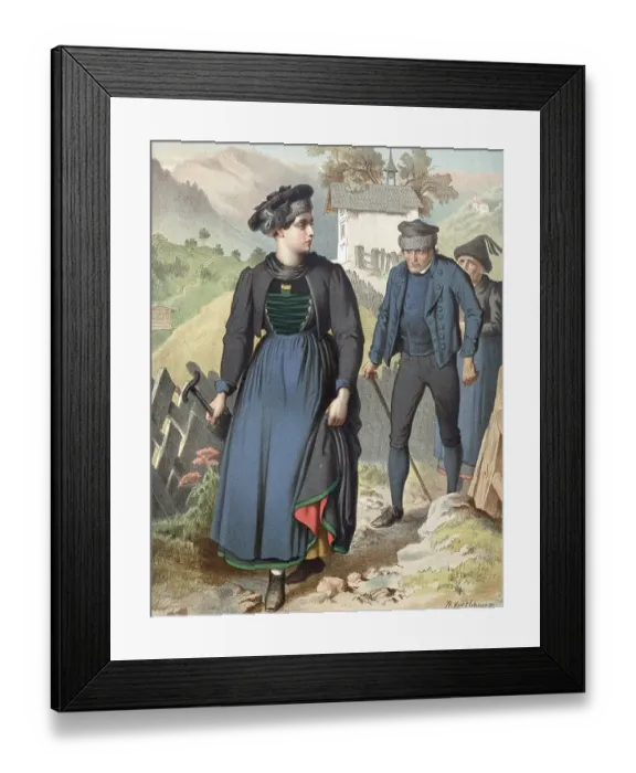 Framed Print : Traditional costumes in Germany around 1820, Vorarlberg, Klostertal, woman with hammer and two men in traditional costumes in a rural setting, digitally retouched reproduction of a model from around 1850, by Albert Kretschmer (27 February 1825)