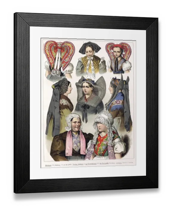 Framed Print : Traditional costumes in Germany around 1820, woman's headdresses, woman with traditional headdresses and bonnets in regional costumes, digitally retouched reproduction of a model from around 1850, by Albert Kretschmer (27 February 1825) Framed Print : Traditional costumes in Germany around 1820, woman's headdresses, woman with traditional headdresses and bonnets in regional costumes, digitally retouched reproduction of a model from around 1850, by Albert Kretschmer (27 February 1825)