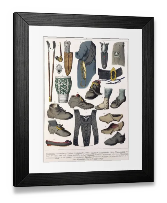 Framed Print : Traditional costumes in Germany around 1820, details such as shepherd's crook, tobacco pipe, cloth pin, pocket cutlery, satchel, hat buckle, calf stocking, braces, shoes, gaiters etc. various traditional men's accessories and tools