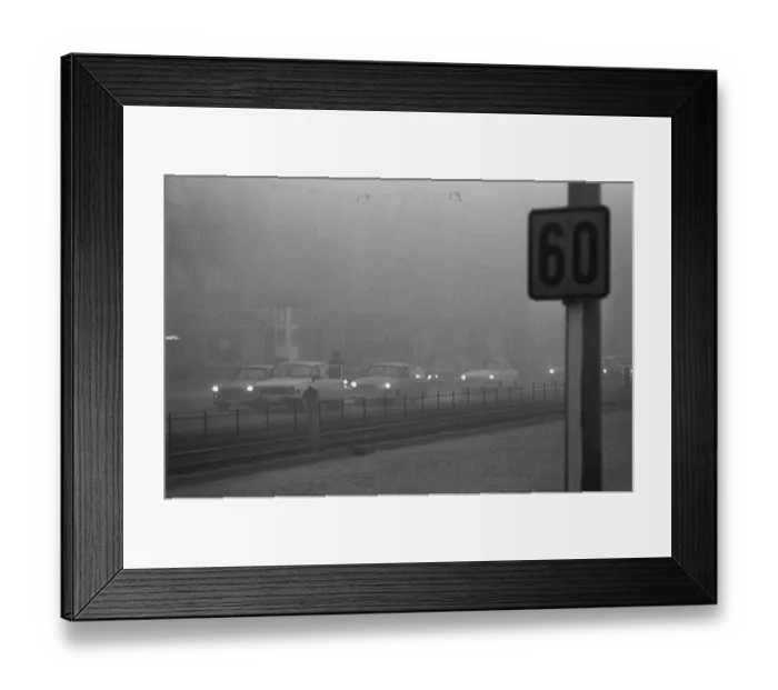 Framed Print : 09.10.1981, East Berlin, Prenzlauer Berg district, early morning, rush hour traffic, thick fog and smog on Prenzlauer Allee East Berlin, Berlin-Mitte, GDR GDR Framed Print : 09.10.1981, East Berlin, Prenzlauer Berg district, early morning, rush hour traffic, thick fog and smog on Prenzlauer Allee East Berlin, Berlin-Mitte, GDR GDR