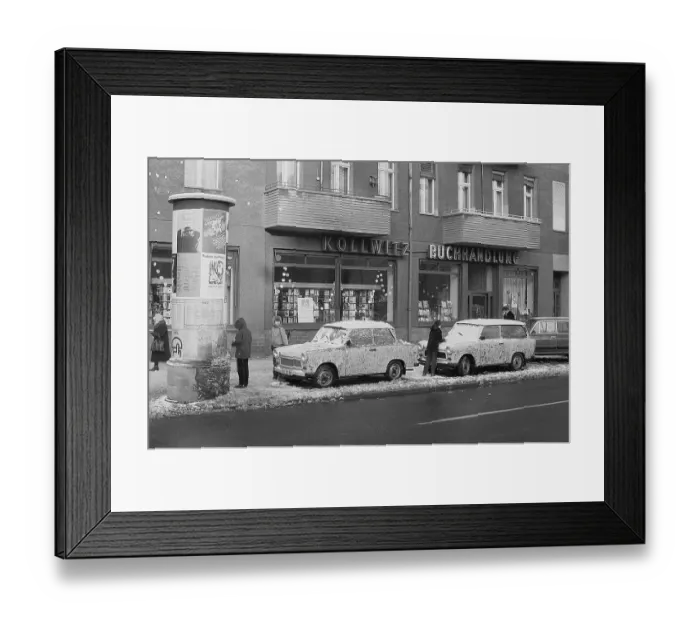 Framed Print : 02.11.1983, GDR, East Berlin, district Prenzlauer Berg, Dimitroffstrasse, children playing with snow at the roadside in front of the Kollwitz bookshop East Berlin, Berlin-Prenzlauer Berg, GDR GDR Framed Print : 02.11.1983, GDR, East Berlin, district Prenzlauer Berg, Dimitroffstrasse, children playing with snow at the roadside in front of the Kollwitz bookshop East Berlin, Berlin-Prenzlauer Berg, GDR GDR