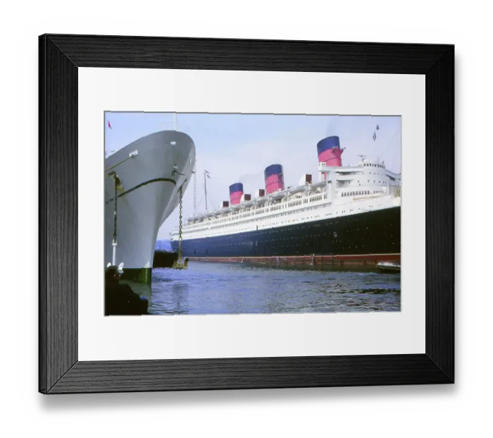 Framed Print : New York in 1966, Manhattan, passenger steamships Queen Mary and Raffaello at the pier Framed Print : New York in 1966, Manhattan, passenger steamships Queen Mary and Raffaello at the pier