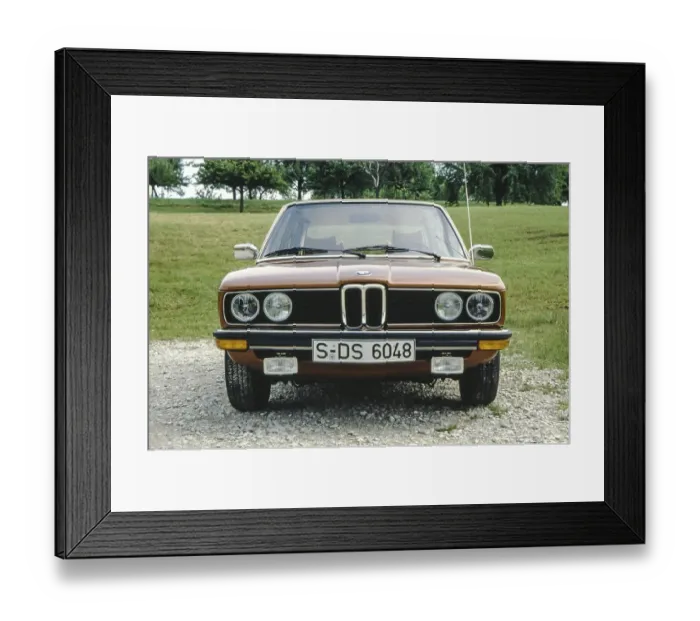 Framed Print : BMW 525 with factory code designation E12, first BMW of the 5 Series, produced from summer 1972 to mid-1981, here in brown metallic paint, photographed in summer 1979