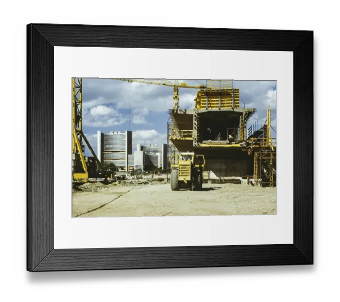 Framed Print : Major construction site of the third Reichsbruecke over the Danube in 1979, after the collapse of the second Reichsbruecke in 1976, behind the newly built Vienna International Centre, Vienna, Austria, Europe