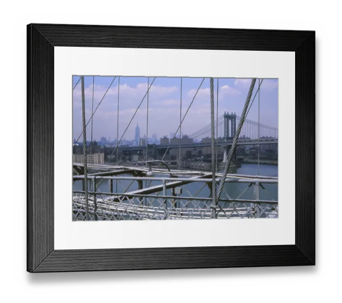 Framed Print : New York in 1966, view from the Brooklyn Bridge to Manhattan Bridge and Empire State Building Framed Print : New York in 1966, view from the Brooklyn Bridge to Manhattan Bridge and Empire State Building