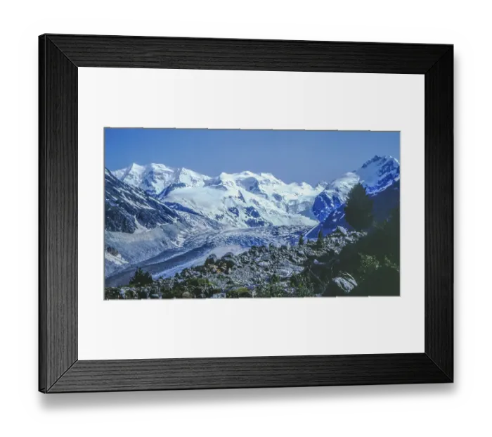 Framed Print : Confluence of the Morteratsch Glacier and Pers Glacier in front of the Bernina Group with Piz Palue, Bellavista and Piz Bernina in the summer of 1977 Framed Print : Confluence of the Morteratsch Glacier and Pers Glacier in front of the Bernina Group with Piz Palue, Bellavista and Piz Bernina in the summer of 1977