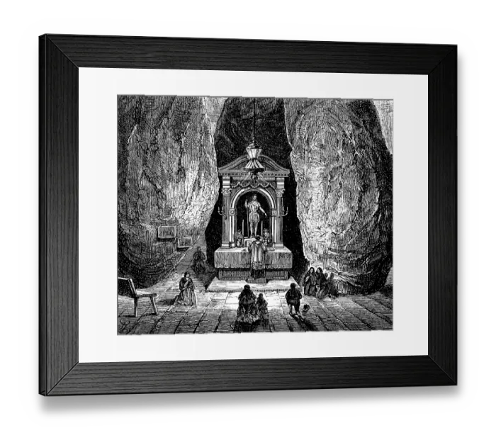Framed Print : Dolmen of St Michael near Bilbao, province of Biscay, cave, rock chamber, altar, statue, light, people, archaeology, history of mankind, Spain, historical illustration 1880, Europe Framed Print : Dolmen of St Michael near Bilbao, province of Biscay, cave, rock chamber, altar, statue, light, people, archaeology, history of mankind, Spain, historical illustration 1880, Europe