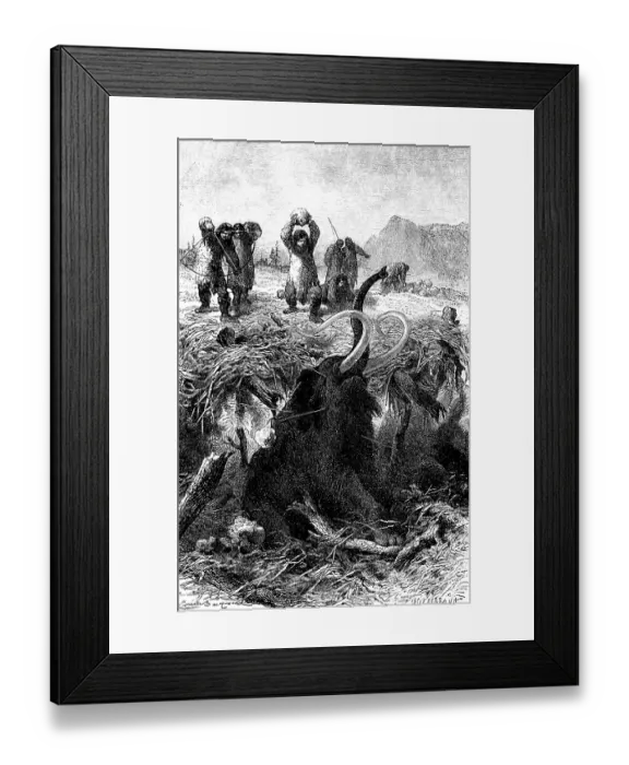 Framed Print : Hunting the mammoth with bow and arrow, heavy stones, deep cave, hunters with thick fur coats, history of mankind, Northern Europe, historical illustration 1880