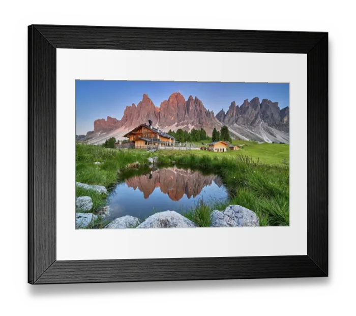 Framed Print : Geisleralm with Geisler group and alpenglow, reflection, Dolomites, Santa Magdalena, South Tyrol, Italy, Europe Framed Print : Geisleralm with Geisler group and alpenglow, reflection, Dolomites, Santa Magdalena, South Tyrol, Italy, Europe