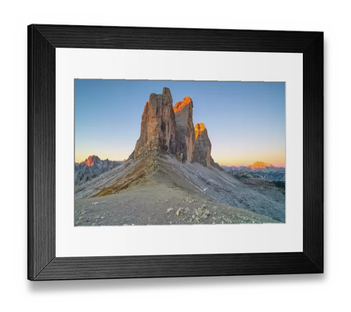 Framed Print : Three Peaks in the morning light, summit glow, Forcella Lavaredo, Sesto Dolomites, South Tyrol, Italy, Europe