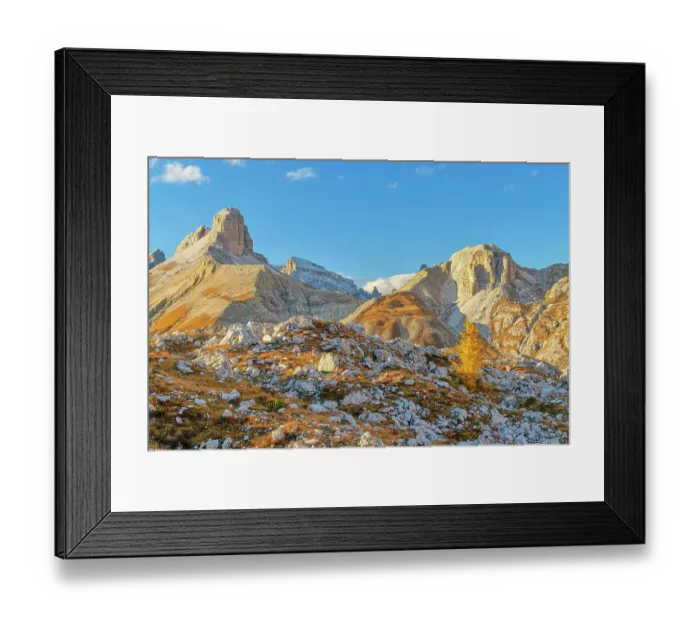 Framed Print : View of the Three Peaks and the surrounding mountains, autumn, blue sky, Sesto Dolomites, South Tyrol, Italy, Europe