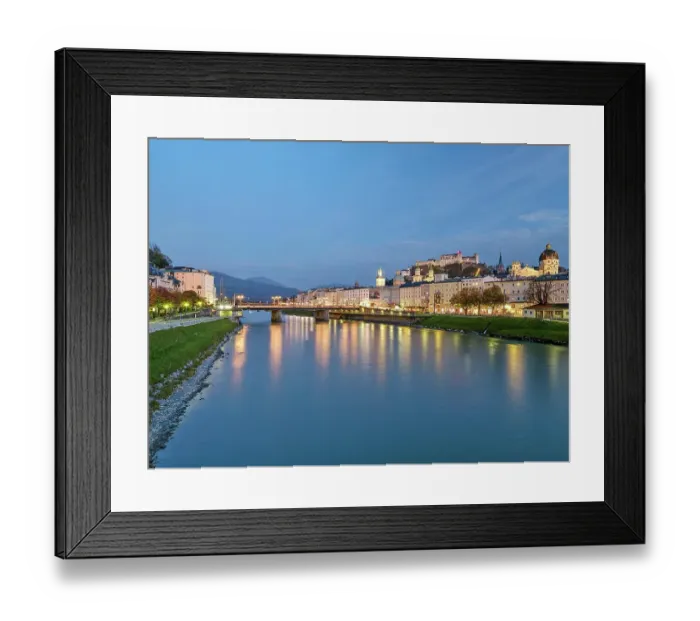 Framed Print : View of the fortress Hohen Salzburg, old town of Salzburg, Salzach, blue hour, autumn, Salzburg, Austria, Europe