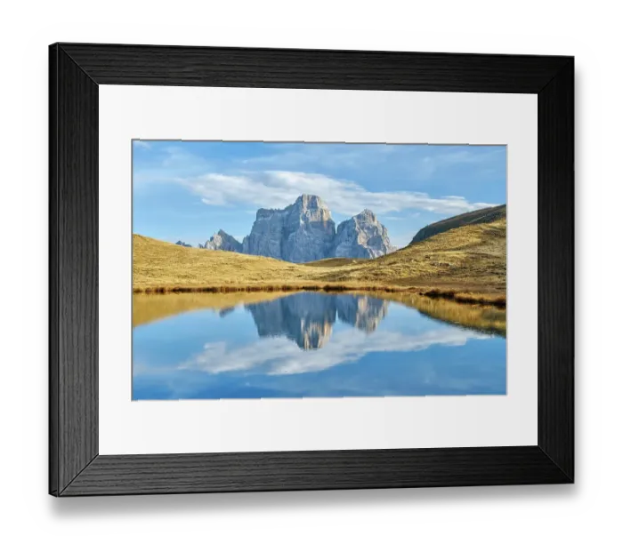 Framed Print : Laghetto di Baste, Belluno, Pelmo Massif, Mondeval Plateau, Passo di Giau, Dolomites, autumn, reflection, blue sky