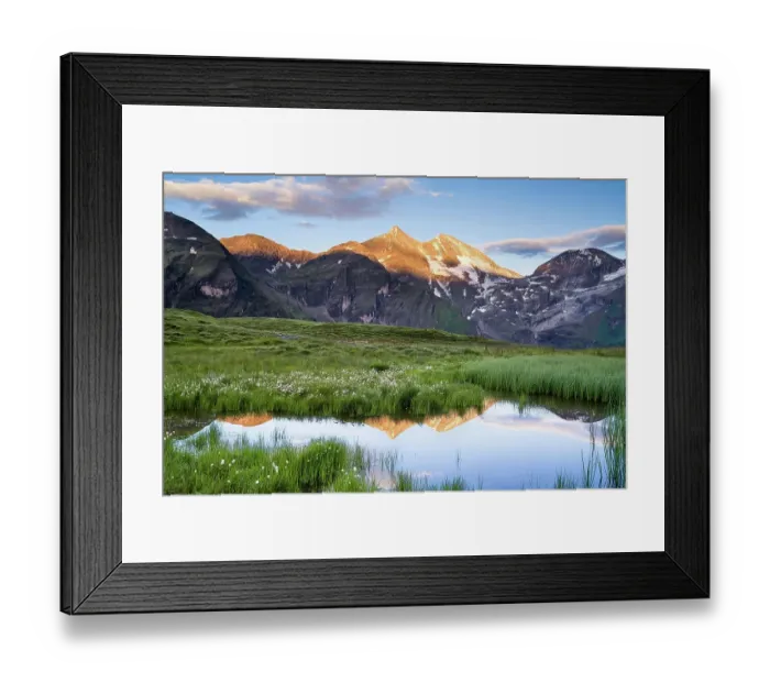 Framed Print : Cotton grass with mountain panorama and reflection, snow, Grossglockner High Alpine Road, Hohe Tauern National Park, Pinzgau, Salzburg