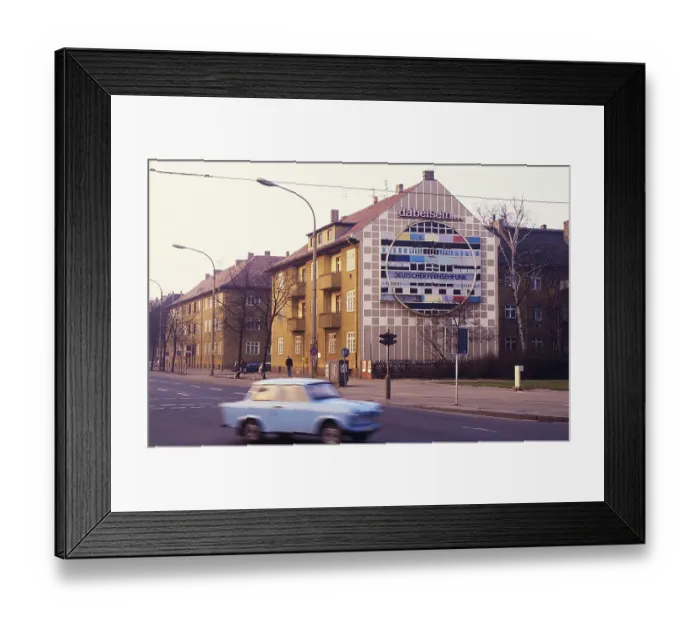 Framed Print : 13 October 1989, East Berlin, Koepenick district, Adlergestell street, Adlershof, advertisement for GDR German Television on a house wall