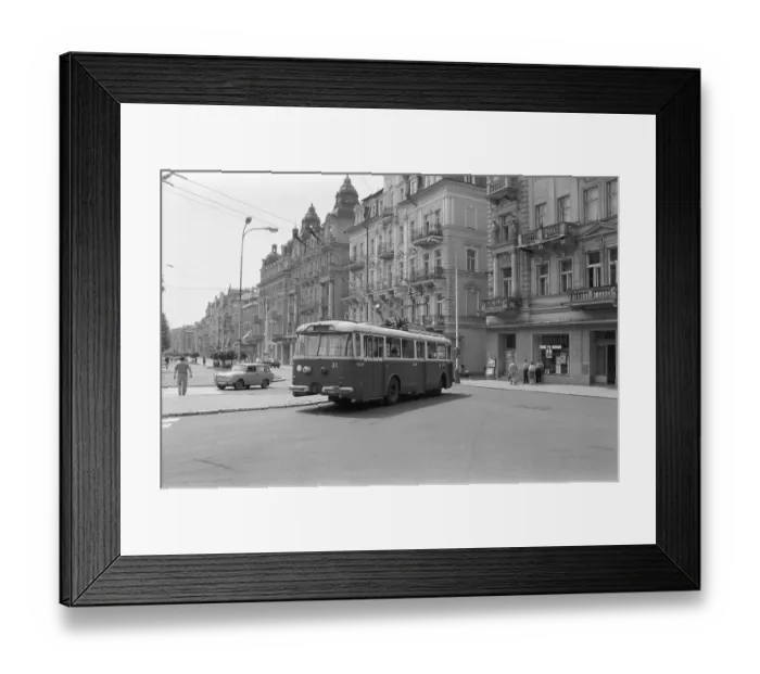 Framed Print : 12.07.1985, CSSR, Karlovy Vary, Street scene with an electrically powered trolleybus, Karlovy Vary (Karlsbad) Framed Print : 12.07.1985, CSSR, Karlovy Vary, Street scene with an electrically powered trolleybus, Karlovy Vary (Karlsbad)