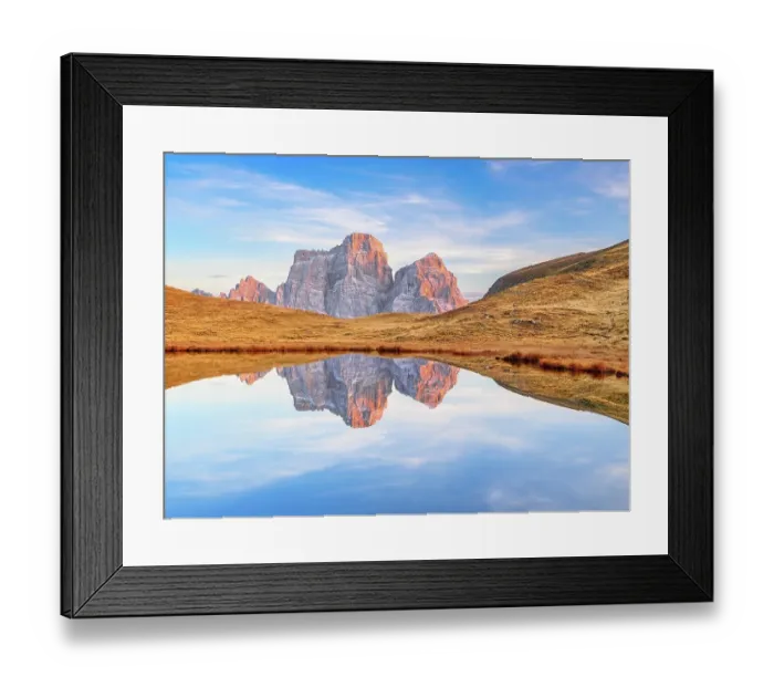 Framed Print : Laghetto di Baste, Belluno, Pelmo Massif, sunset, Mondeval Plateau, Passo di Giau, Dolomites, autumn, reflection, blue sky Framed Print : Laghetto di Baste, Belluno, Pelmo Massif, sunset, Mondeval Plateau, Passo di Giau, Dolomites, autumn, reflection, blue sky