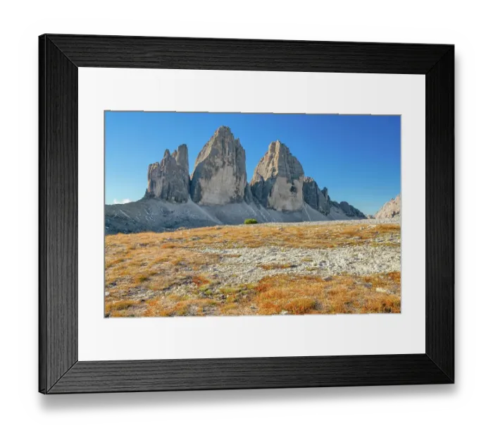 Framed Print : Three Peaks in autumn, blue sky, Sesto Dolomites, South Tyrol, Italy, Europe Framed Print : Three Peaks in autumn, blue sky, Sesto Dolomites, South Tyrol, Italy, Europe