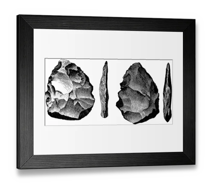Framed Print : Flint tools, in side and top view, archaeological find from the Wookey Hole Caves, County Somerset, limestone cave, geology, history of mankind, England, historical illustration1880