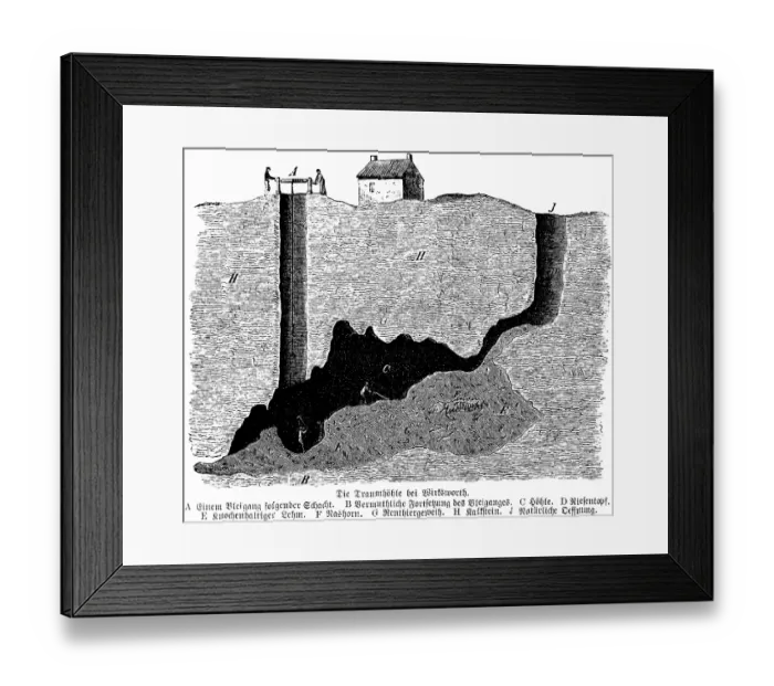 Framed Print : Dream Cave near Wirksworth, Derbyshire, lead mine, cave, cave shaft, natural access, geology, archaeological layers, earth surface, thread, worker, mineral resource, United Kingdom, human history, England, historical illustration1880, Europe Framed Print : Dream Cave near Wirksworth, Derbyshire, lead mine, cave, cave shaft, natural access, geology, archaeological layers, earth surface, thread, worker, mineral resource, United Kingdom, human history, England, historical illustration1880, Europe