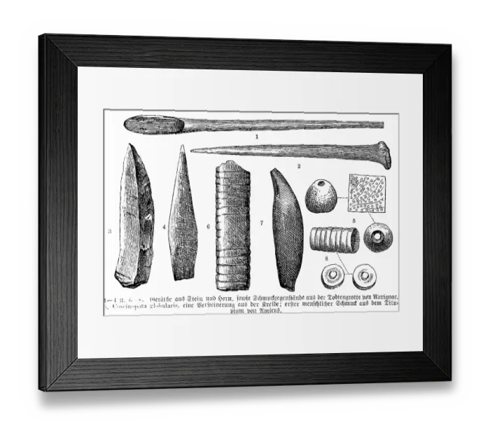 Framed Print : Archaeological finds from the Grotte d'Aurignac, Departement Haute-Garonne, tools made of stone and animal horn, fossils from the Cretaceous period, jewellery from the Diluvium, history of mankind, France, historical illustration1880, Europe Framed Print : Archaeological finds from the Grotte d'Aurignac, Departement Haute-Garonne, tools made of stone and animal horn, fossils from the Cretaceous period, jewellery from the Diluvium, history of mankind, France, historical illustration1880, Europe