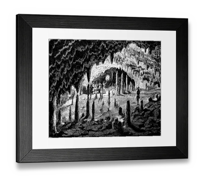Framed Print : Visitors in a stalactite cave in Westphalia, stalactites, stalagmites, torch, light, history of mankind, Germany, historical illustration1880, Europe