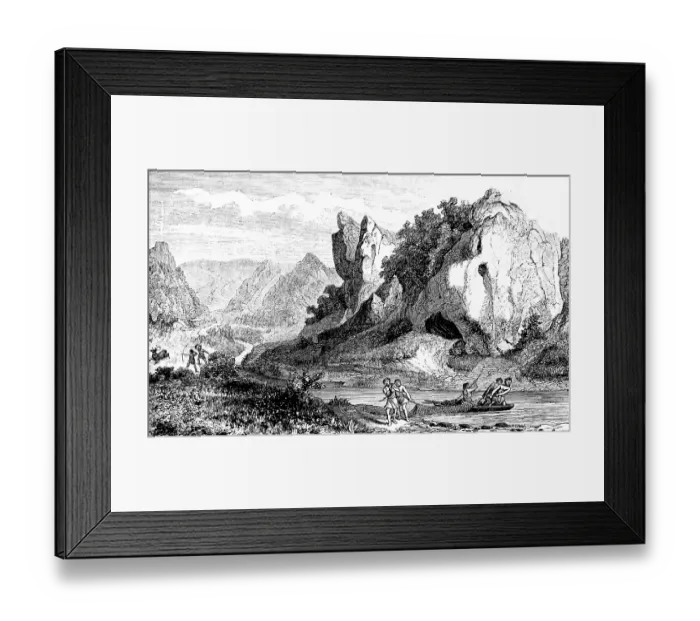 Framed Print : Native people hunting and fishing, cave in the Swabian Ach Valley, UNESCO World Heritage Caves and Ice Age Art of the Swabian Alb, Geopark, Ach Valley, Swabian Jura low mountain range, mountain landscape, Baden-Wuerttemberg, history of mankind Framed Print : Native people hunting and fishing, cave in the Swabian Ach Valley, UNESCO World Heritage Caves and Ice Age Art of the Swabian Alb, Geopark, Ach Valley, Swabian Jura low mountain range, mountain landscape, Baden-Wuerttemberg, history of mankind