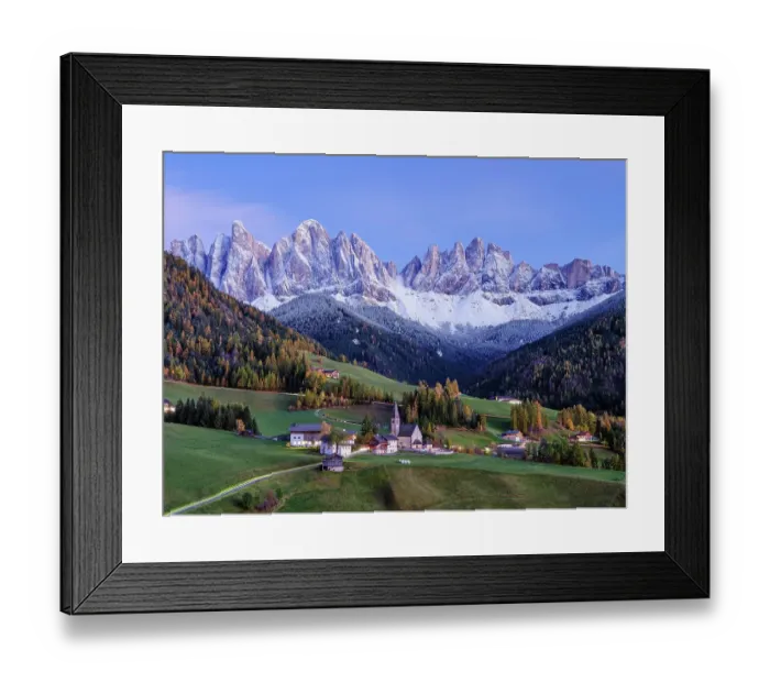 Framed Print : Church of St. Magdalena at the blue hour, Santa Maddalena, autumn, Geisler Group with snow, Villnöß, Villnößtal, South Tyrol, Italy, Europe