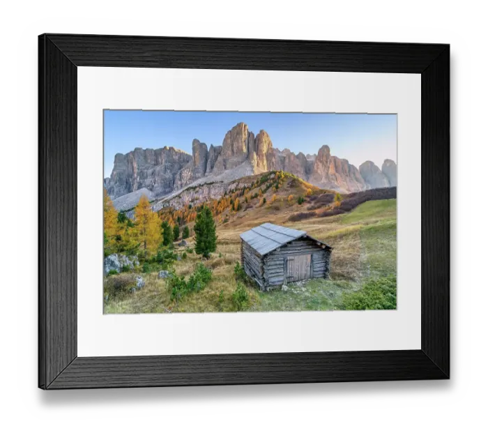 Framed Print : Hut in front of Sella Group, Gardena Pass, Passo Gardena, autumn, Sella Group, Dolomites, Bolzano, South Tyrol Framed Print : Hut in front of Sella Group, Gardena Pass, Passo Gardena, autumn, Sella Group, Dolomites, Bolzano, South Tyrol
